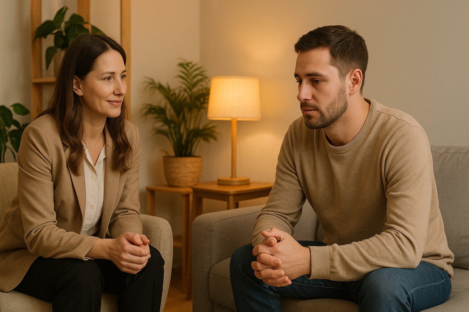 Therapy session in a warm, comfortable room